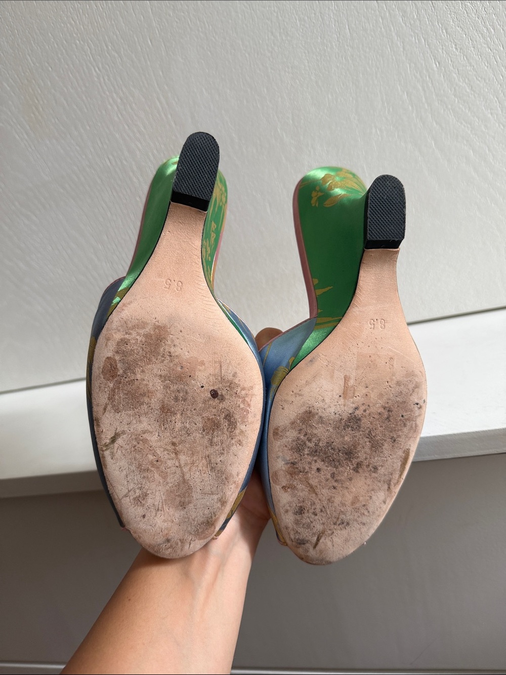 Cynthia Rowley Green and Silver Floral Satin Mules - Picture 7 of 8